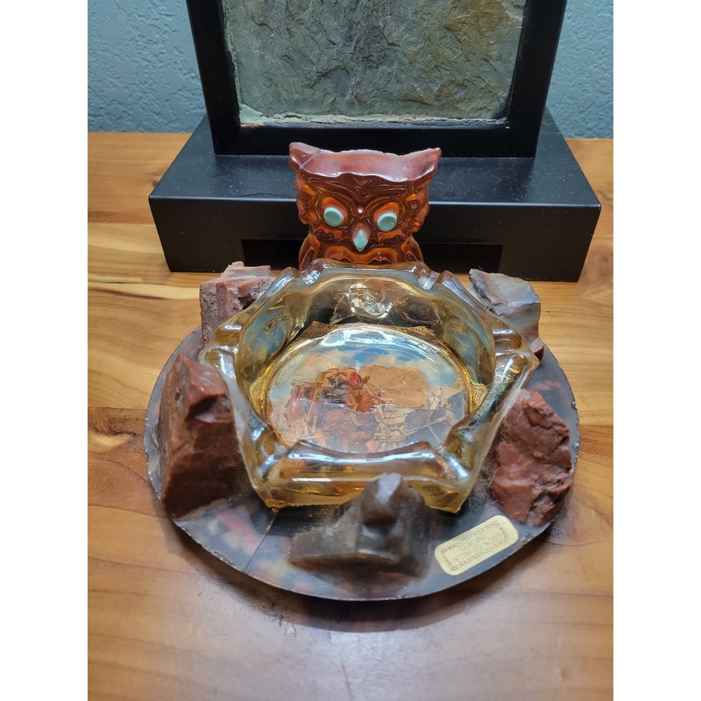Vtg Owl Lucite & Petrified Wood w/ Amber Color Glass Ashtray Insert On Tray🦉